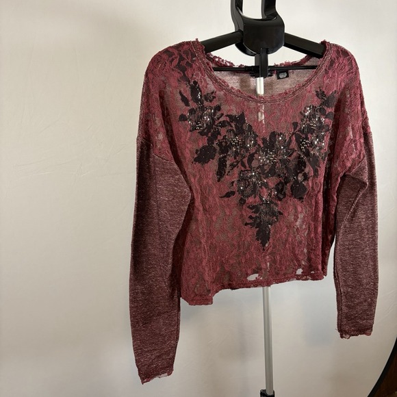 Miss Me Medium Sheer Lace Maroon Long Sleeve Top Biker Studded Sequin Emo Punk - Picture 4 of 11